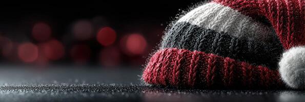 Red and white knitted hat on a shiny surface with festive lights in the background during holiday season photo