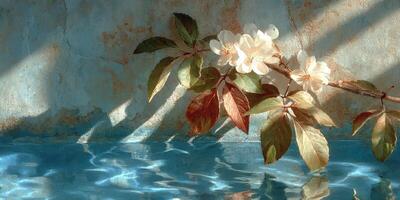 Delicate blossoms reflect softly on the shimmering water surface in a serene environment photo