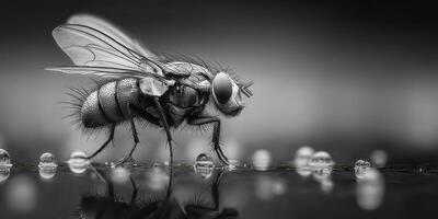 Close-up of a fly walking on a surface covered with water droplets during early morning hours in a monochromatic setting photo