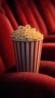 Popcorn sits in a striped cup on a red theater seat ready for movie enjoyment photo