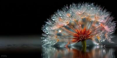 Water droplets cling to a delicate dandelion seed head in soft focused light during a serene moment photo
