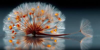 Delicate dandelion seed showcasing intricate details against a dark background with soft reflections at dawn photo