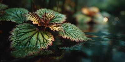 Green leaves with water droplets reflecting sunlight create a serene atmosphere in a tranquil garden photo