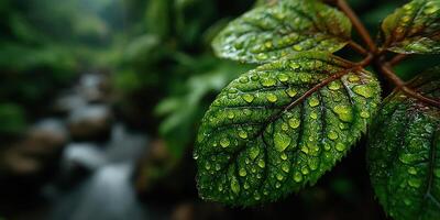 Close-up view of dewy green leaves in a lush forest setting during a rainy day near a flowing stream photo