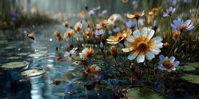 Blooming flowers beside a serene water body in a misty morning landscape with bees buzzing around photo
