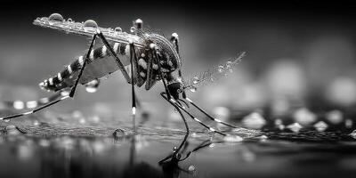 Close-up of a mosquito perched on a wet surface with water droplets in a black and white setting highlighting intricate details photo