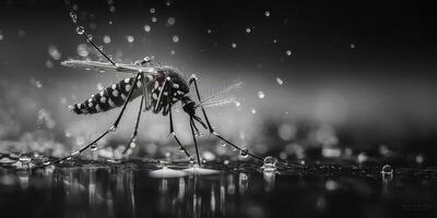 Close view of a mosquito standing on a wet surface during rain, highlighting droplets around its body photo