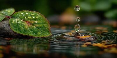 Close-up view of water droplets falling from a green leaf into a tranquil pond during a sunny afternoon photo