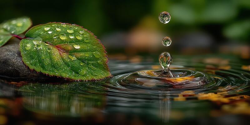 Close-up view of water droplets falling from a green leaf into a tranquil pond during a sunny afternoon