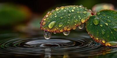 Water droplets hang on green leaves above rippling water surface after rain shower in nature photo