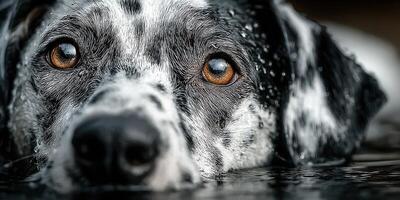 Close-up of a wet dog relaxing in water with focused eyes on a peaceful day by the lakeshore photo