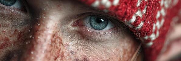 Close-up of a young person's eye surrounded by snow and wearing a red knit hat during winter conditions photo