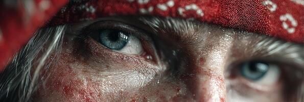 Close-up of a rugged individual with striking blue eyes and a red headband, showing determination and resilience in a raw environment photo