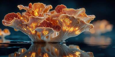Brightly lit bioluminescent mushrooms glow in a serene water setting during twilight hours in an enchanting forest photo