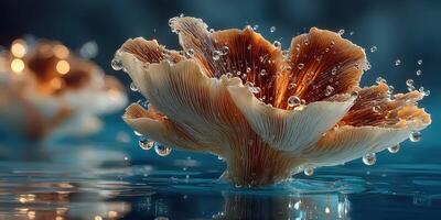 Delicate water lily blossoms emerging through droplets at dawn in a serene pond setting photo