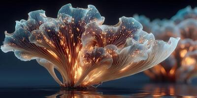 Glowing fantasy mushrooms with intricate details in a serene setting at twilight photo