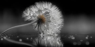 Dandelion with droplets reflecting light in a black and white setting during early morning photo