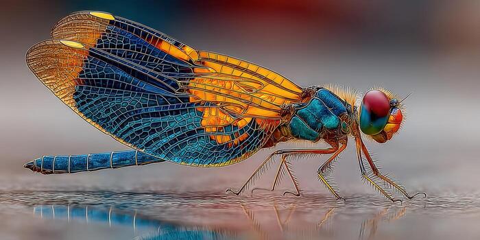 Vibrant dragonfly walking along a reflective surface in bright colors during the day photo