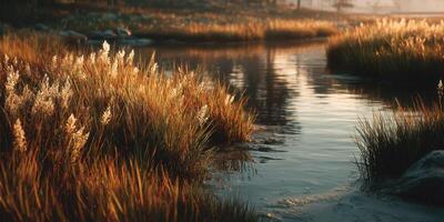 Golden grasses sway gently beside a tranquil stream at sunset in a serene landscape photo
