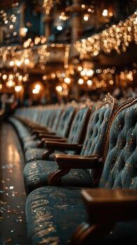 Seating arrangement in an ornate theater with golden embellishments and soft lighting during an evening performance photo