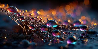 Water droplets reflect colorful lights in a mesmerizing display on a surface at dusk photo