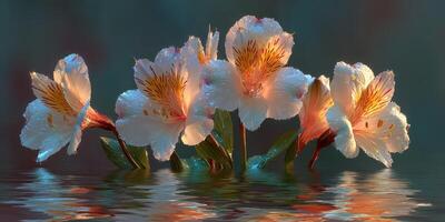 Beautiful white flowers with orange highlights floating on calm water in a serene setting during twilight photo