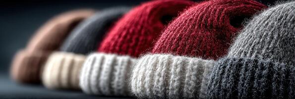 Assortment of winter hats displayed in varying colors and textures on a dark background photo