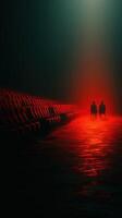 Two figures seated in red-lit theater with empty chairs and moody atmosphere photo