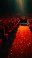 dos personas sentado juntos en un por poco vacío teatro con rojo asientos durante un tranquilo momento de reflexión foto
