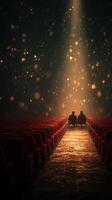 Two figures sitting in an empty theater illuminated by a spotlight during a quiet moment photo