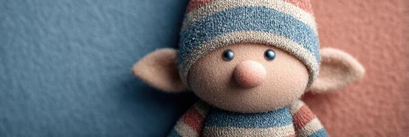Colorful plush elf toy positioned against a textured background with blue and peach hues in a cozy indoor setting photo