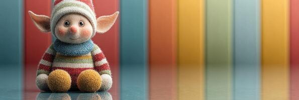Colorful elf toy sits on a reflective surface inside a playful studio with striped background photo