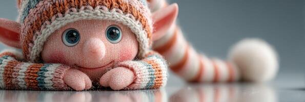 Cute elf doll wearing a striped hat and cozy outfit, sitting on a reflective surface, with a cheerful expression and big blue eyes photo