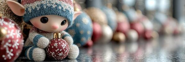 Cute elf doll holds a decorative Christmas ornament surrounded by colorful holiday decorations in a cozy indoor setting photo