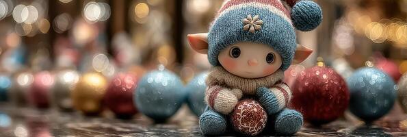 Cute holiday elf doll sitting among colorful ornaments in a festive setting during winter season photo