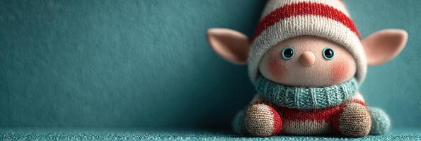 Cute elf doll wearing a striped hat and sweater sits against a teal background during a cozy winter setting photo