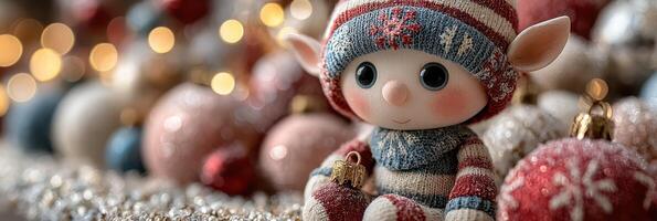 Festive elf doll sits among colorful holiday ornaments in a warm and cozy setting during the winter season photo