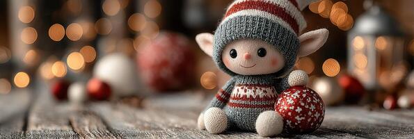 Adorable toy elf holding a festive ornament in a cozy holiday setting with warm lights and decorations photo