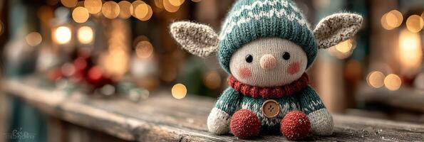 Cute stuffed elf doll in cozy winter setting with warm lights during holiday season photo