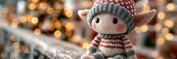 Cozy holiday elf doll sitting on a wooden railing near a Christmas tree with warm lights in a festive atmosphere photo