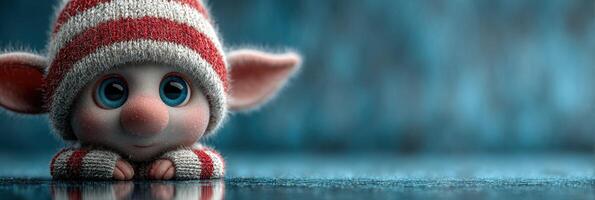 Charming character with striped hat and big eyes sits on a reflective surface under soft blue lighting photo