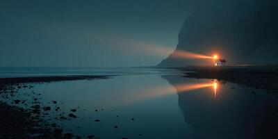 Lighthouse illuminating the coastline at dusk with calm waters reflecting its warm glow photo
