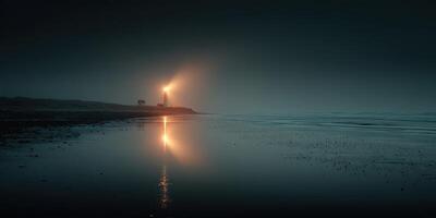Coastal lighthouse illuminated by fog at dusk reflects on calm waters photo
