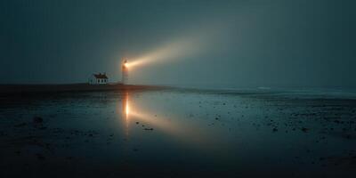 Lighthouse beams pierce through dense fog on a coastal shore at dusk photo