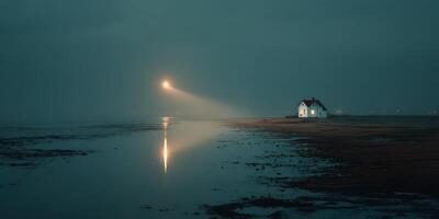 Lone house by the water reflects a distant lighthouse under foggy evening skies photo