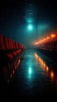 Vibrant red theater seats lined in a dark, misty environment with reflective floor and ambient lighting at night photo