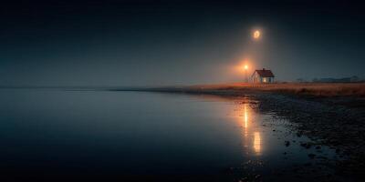 Home by the tranquil lake under the glowing moonlight during a calm evening photo