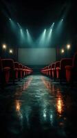 vacío cine salón con rojo sillas y oscuro Encendiendo creando un atractivo atmósfera durante noche horas foto