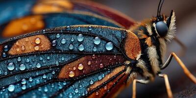 Close-up of a vibrant butterfly with water droplets resting on its colorful wings in a natural setting photo