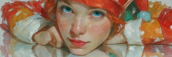 Young girl with vibrant red hair and orange outfit looks thoughtfully while resting on a reflective surface, showcasing artistic style photo